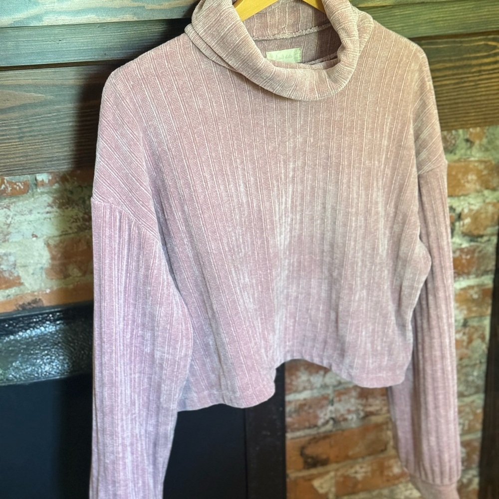 Altar’d State Pink Cowl Neck Cropped Sweater with Ribbed Knit